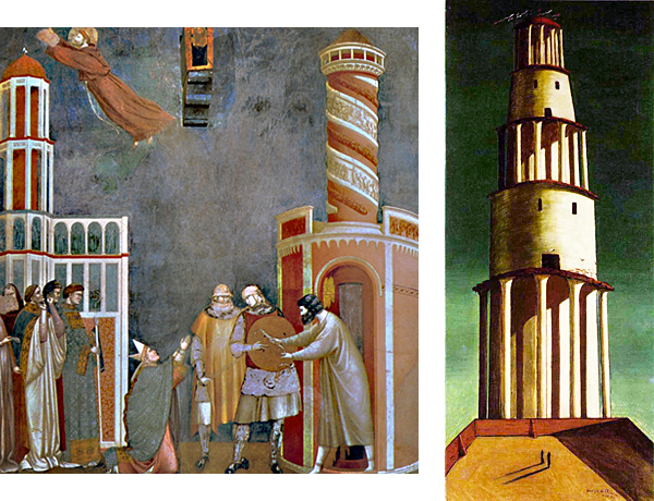 La liberación de Pedro de Asís, Giotto, 1296-1304, Assís; La gran torre, 1913, Giorgio de Chirico, Düsseldorf