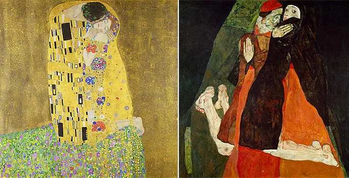 El beso, Gustav Klimt; El cardenal y la monja, 1912, Egon Schiele